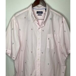 Chaps  Short Sleeve Button Up Shirt Pink Martini Palm Tree Print Easy Care XXL